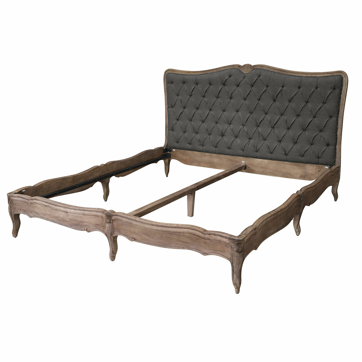 grijs/bruin Declaire bed met grijs gestoffeerd hoofdeinde en bruine houten frame in vintage stijl