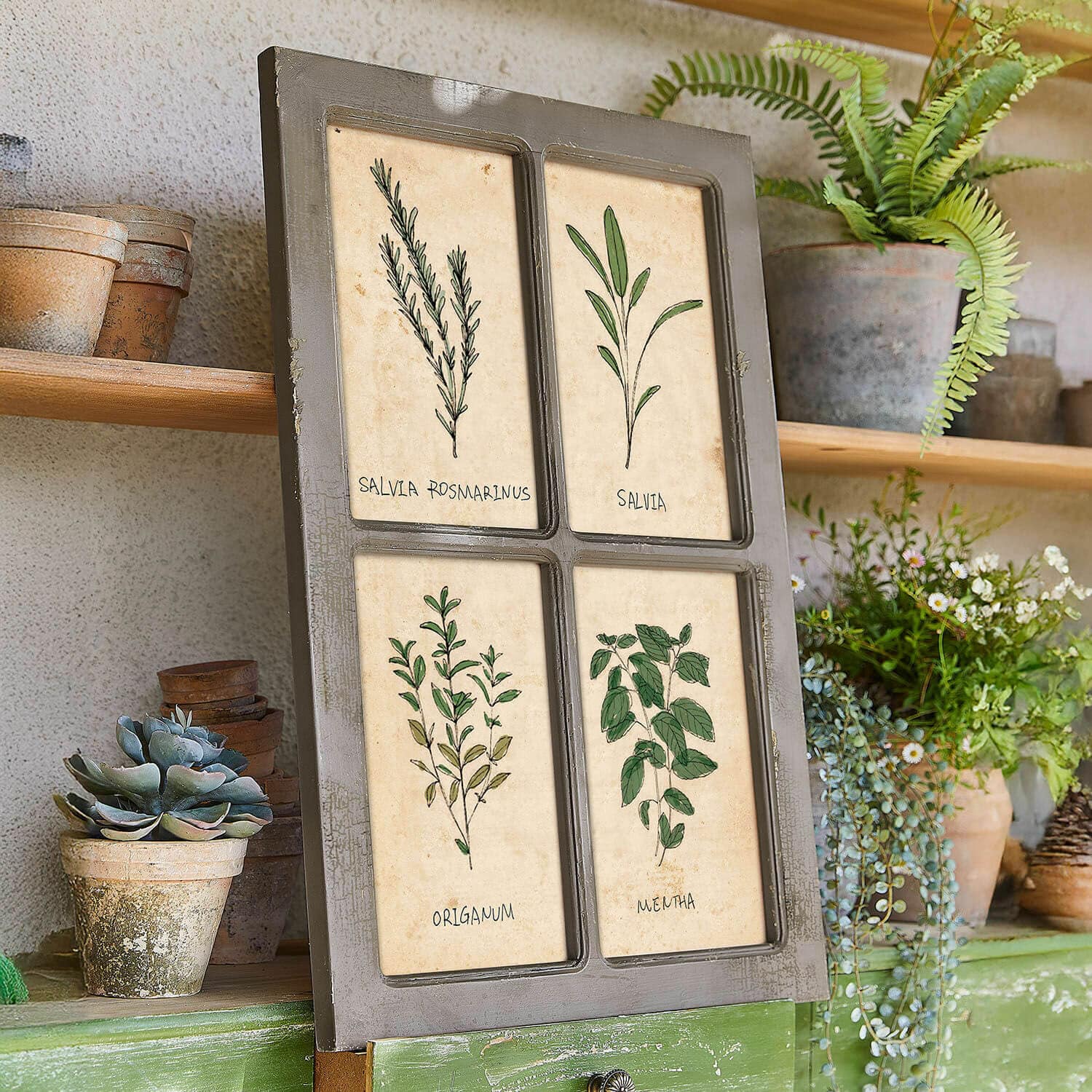 Cadre Beaurive Tableau décoratif avec quatre illustrations d'herbes sur fond beige dans un cadre gris, style rustique