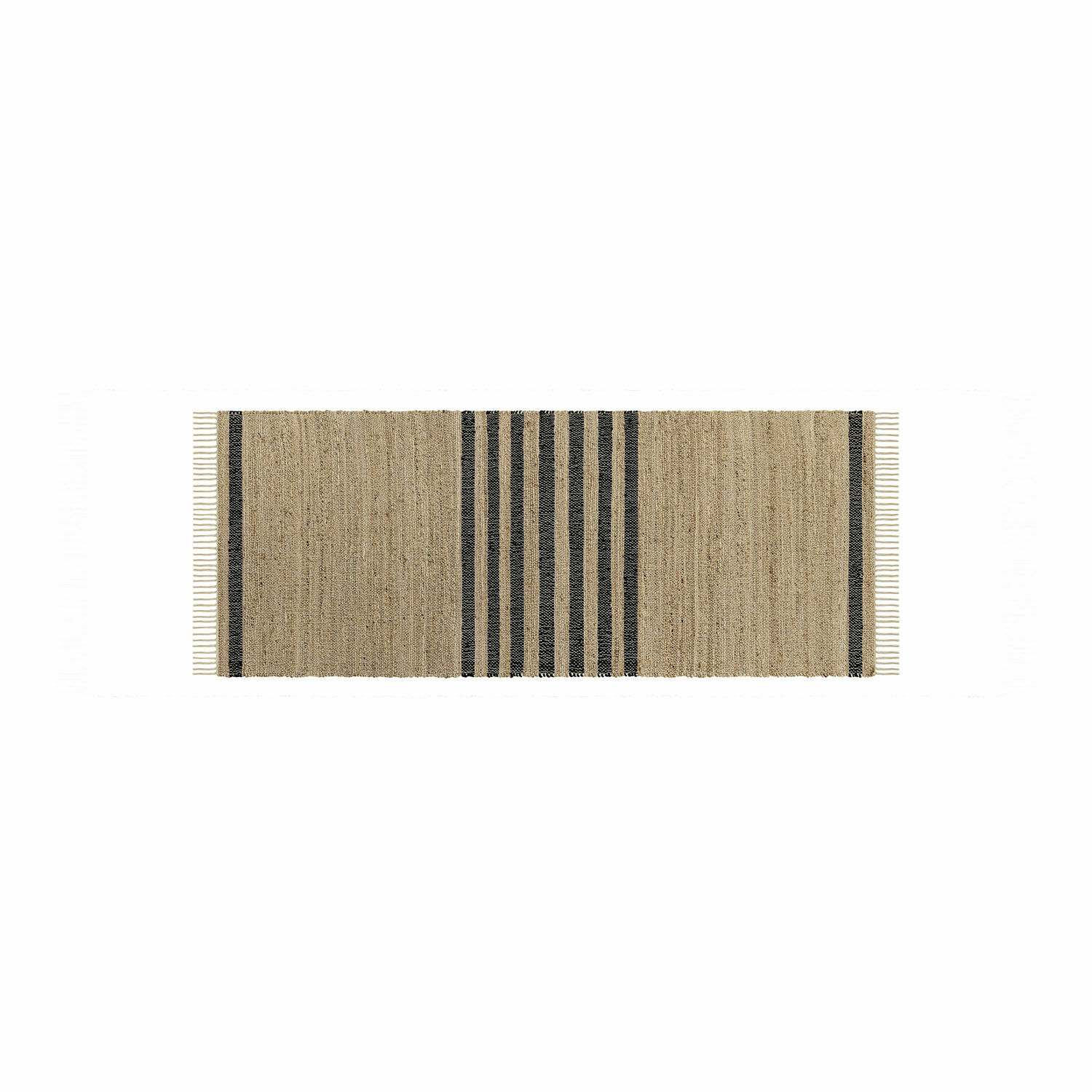 Loper Orgeval Beige jute vloerkleed met zwarte strepen en franjes, natuurlijk materiaal, vloerdecoratie
