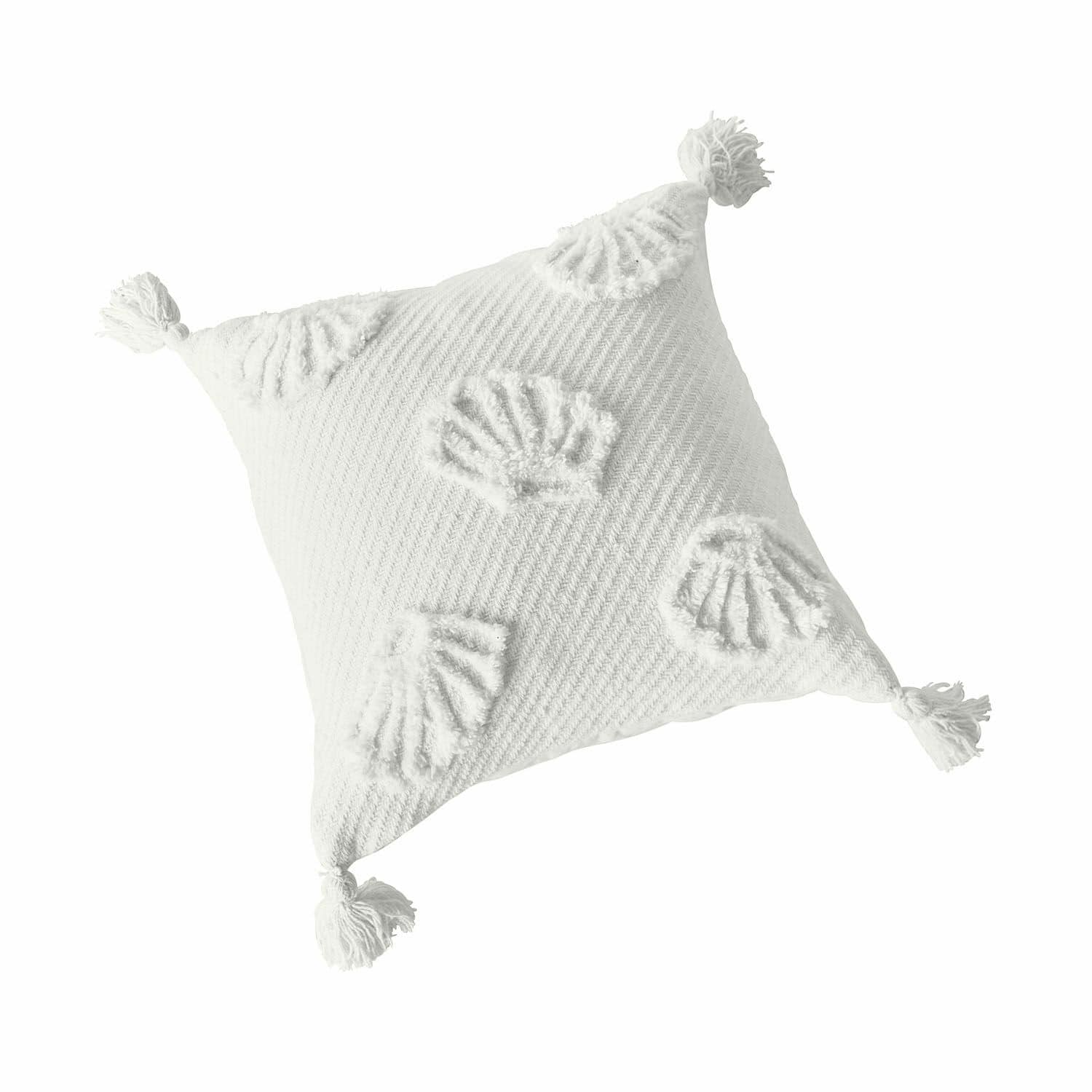 Kussenhoes Saroufa Witte katoenen sierkussen met kwastjes en schelpenpatroon, woontextiel