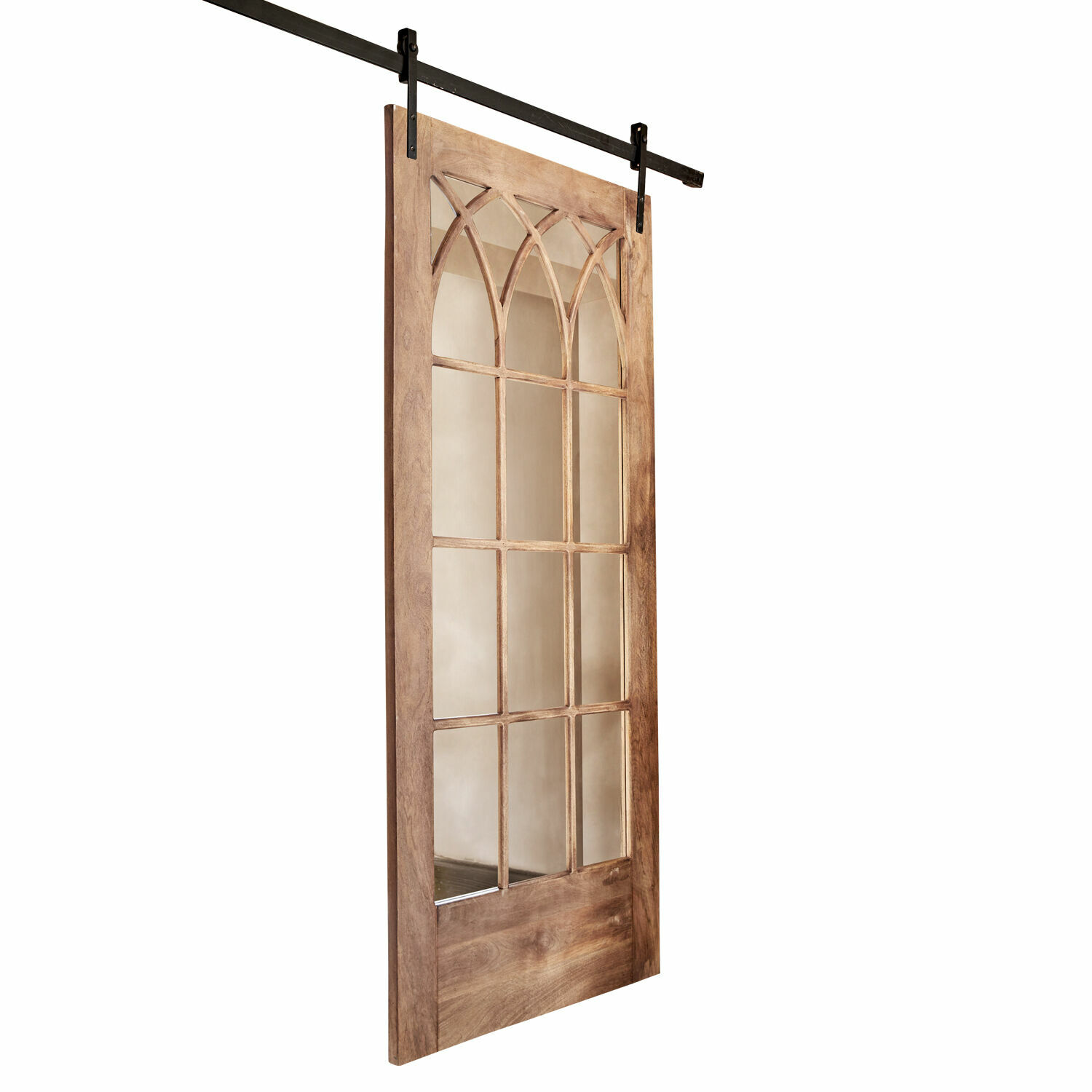 Schuifdeur Cayey Schuifdeur van mangohout in natuurlijke kleur met decoratief glas voor binnen