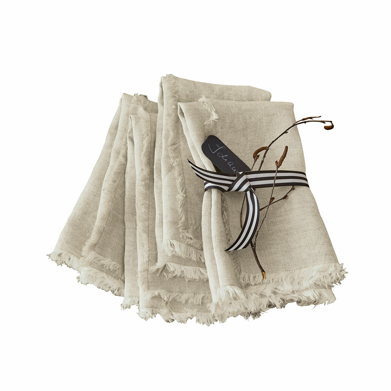 Lot de 4 serviettes de table Largo Ensemble de serviettes en lin beige avec franges et ruban décoratif, linge de table élégant