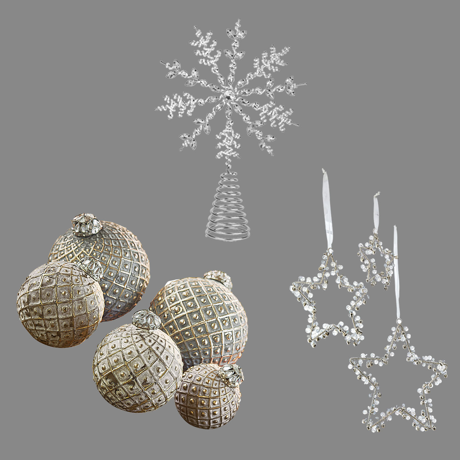 Ensemble de décorations de Noël argentées avec boules à motif, étoiles et flocon de neige en cristal