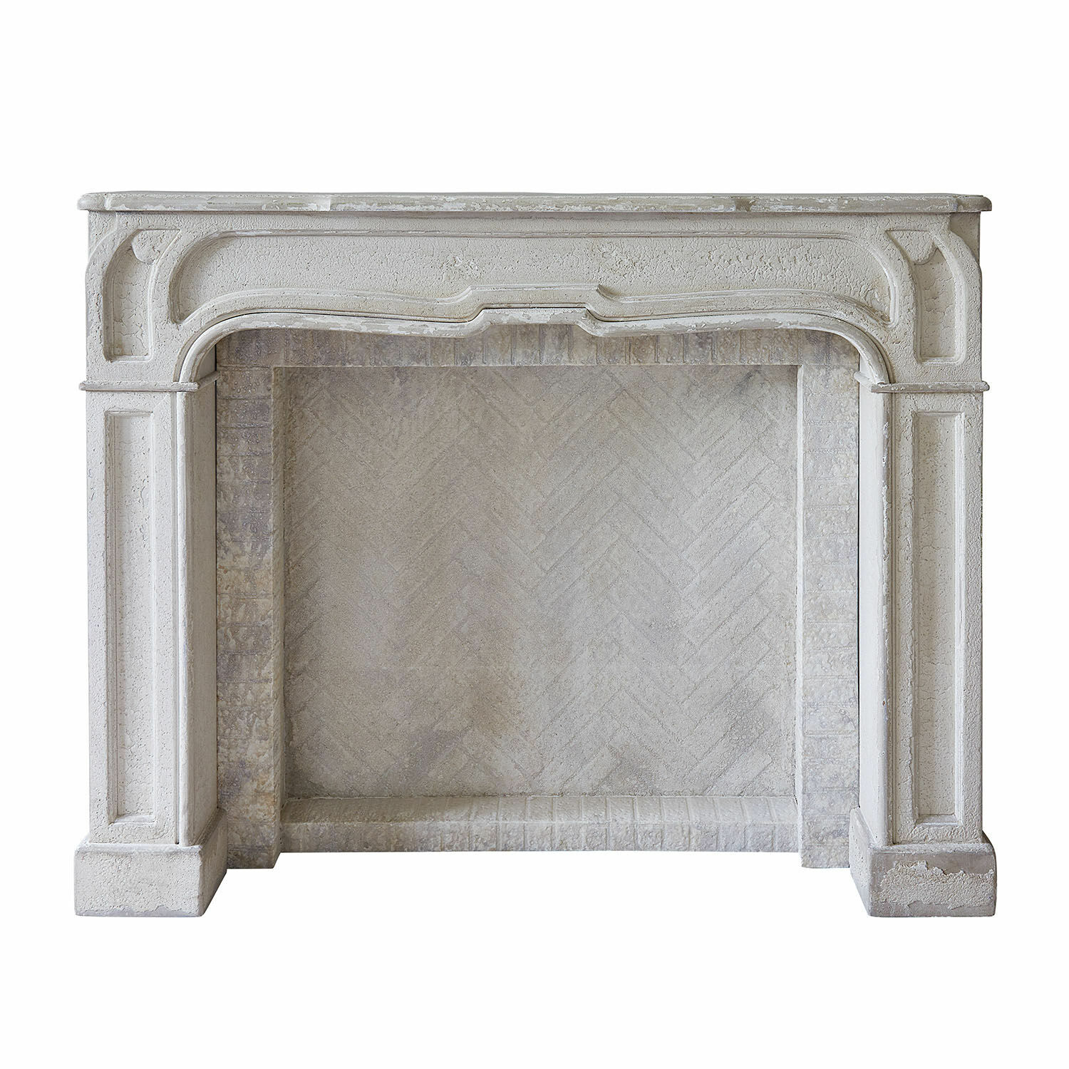 Console de cheminée Woodcroft Cheminée en pierre blanche classique avec détails sculptés et texture rustique élégante