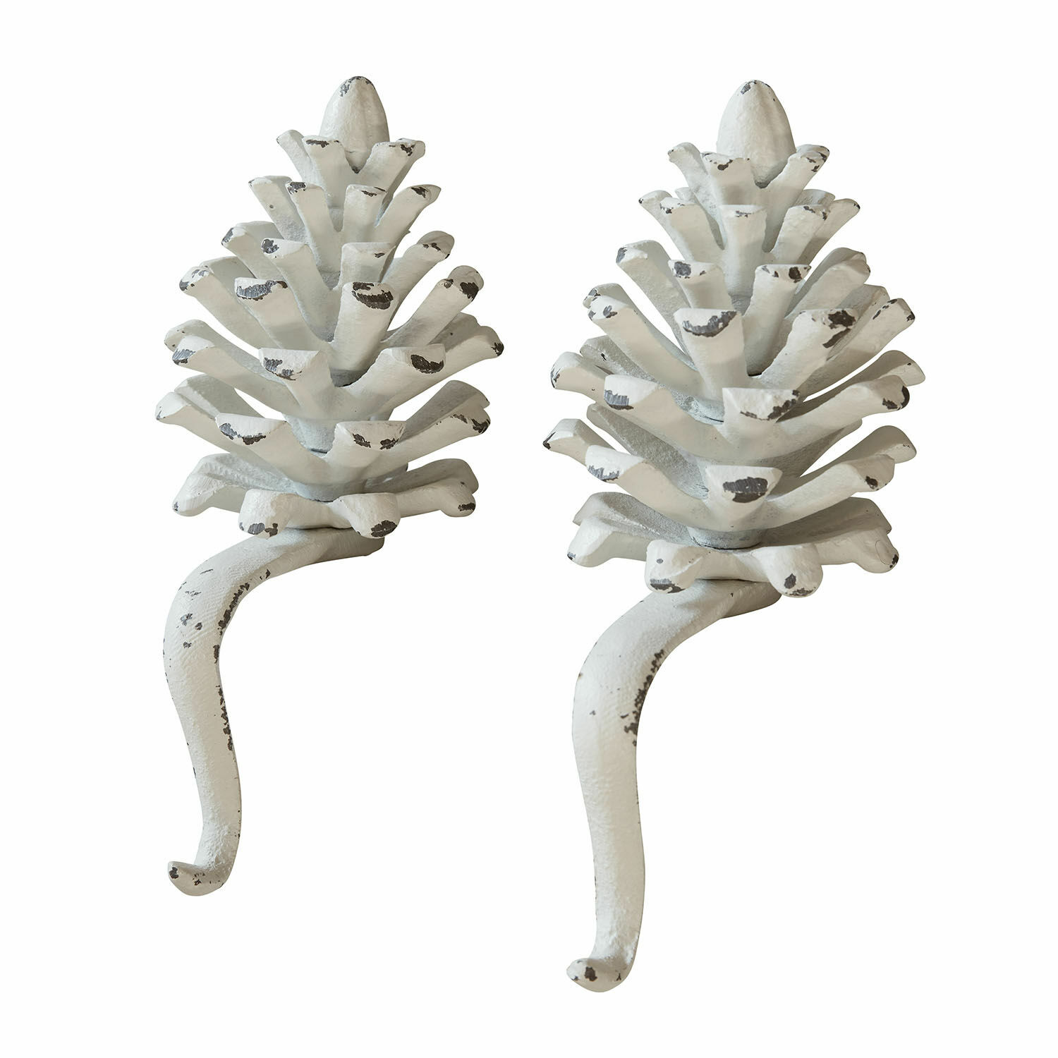 Lot de deux crochets décoratifs en fer couleur blanc antique en forme de pomme de pin