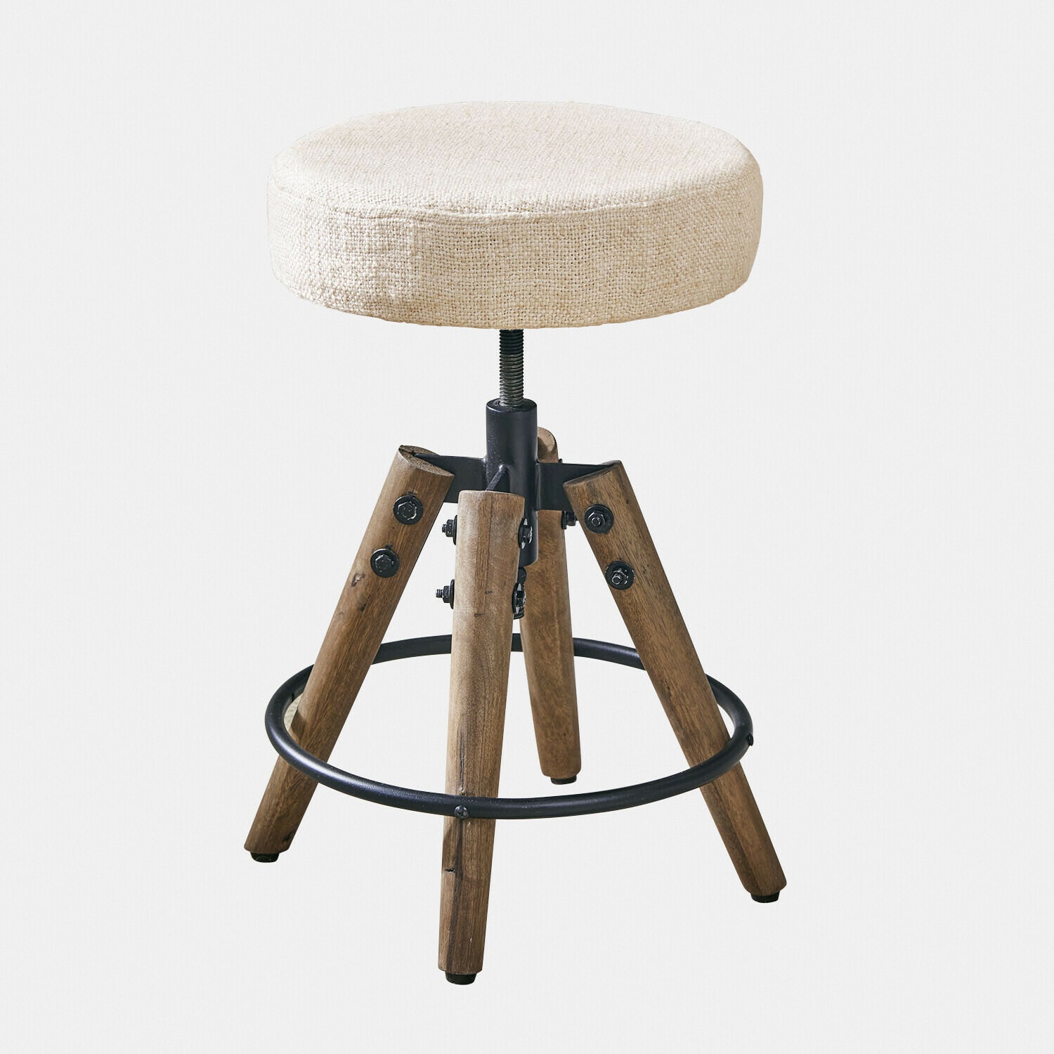 Tabouret réglable avec pieds en bois et assise en tissu beige, style industriel moderne
