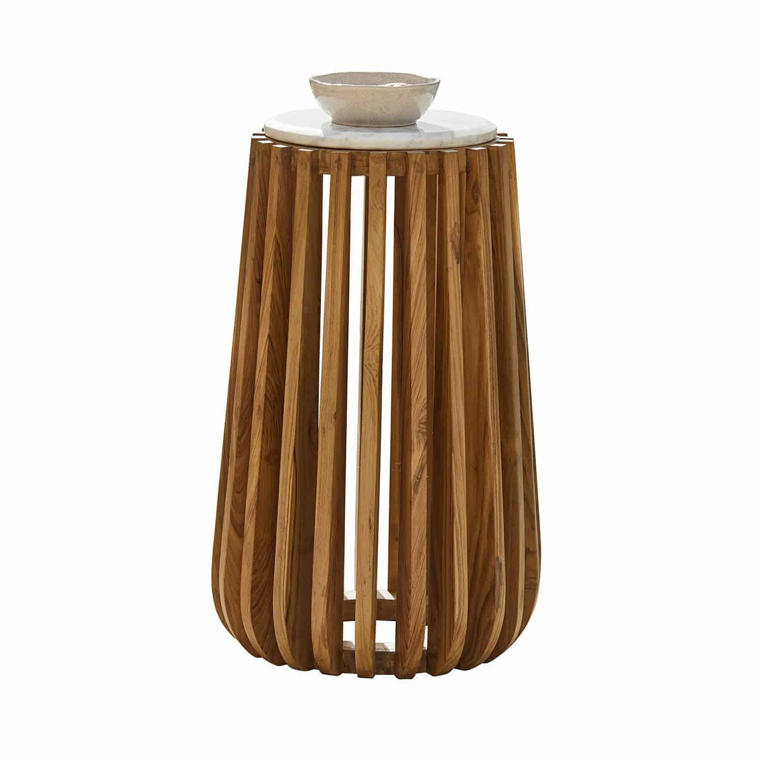 Table d'appoint Urbeline Table d'appoint en bois de teck avec plateau en marbre blanc, meuble moderne pour salon