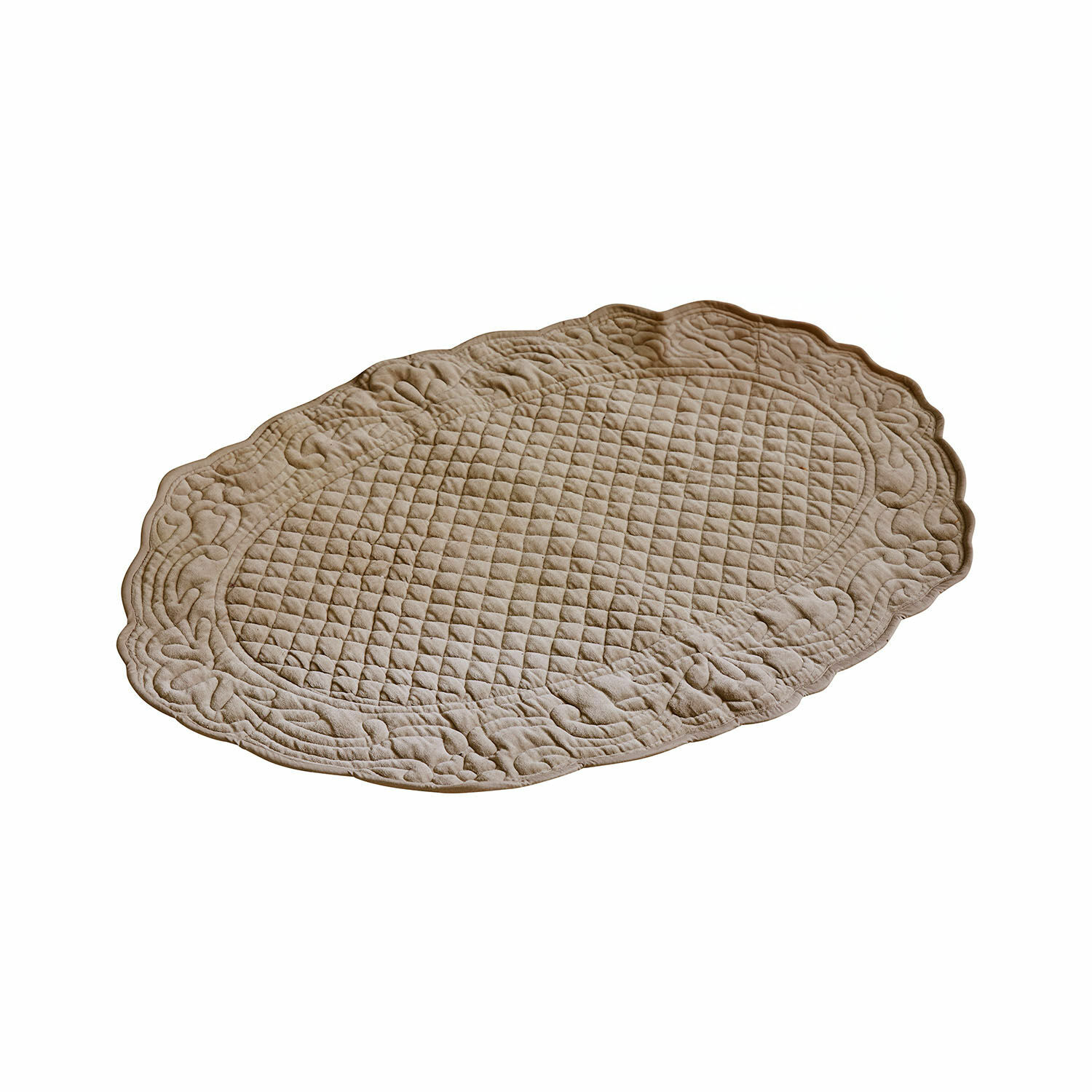 Badmat Courlevin Ovale beige katoenen vloerkleed met doorgestikt patroon en decoratieve rand voor interieur
