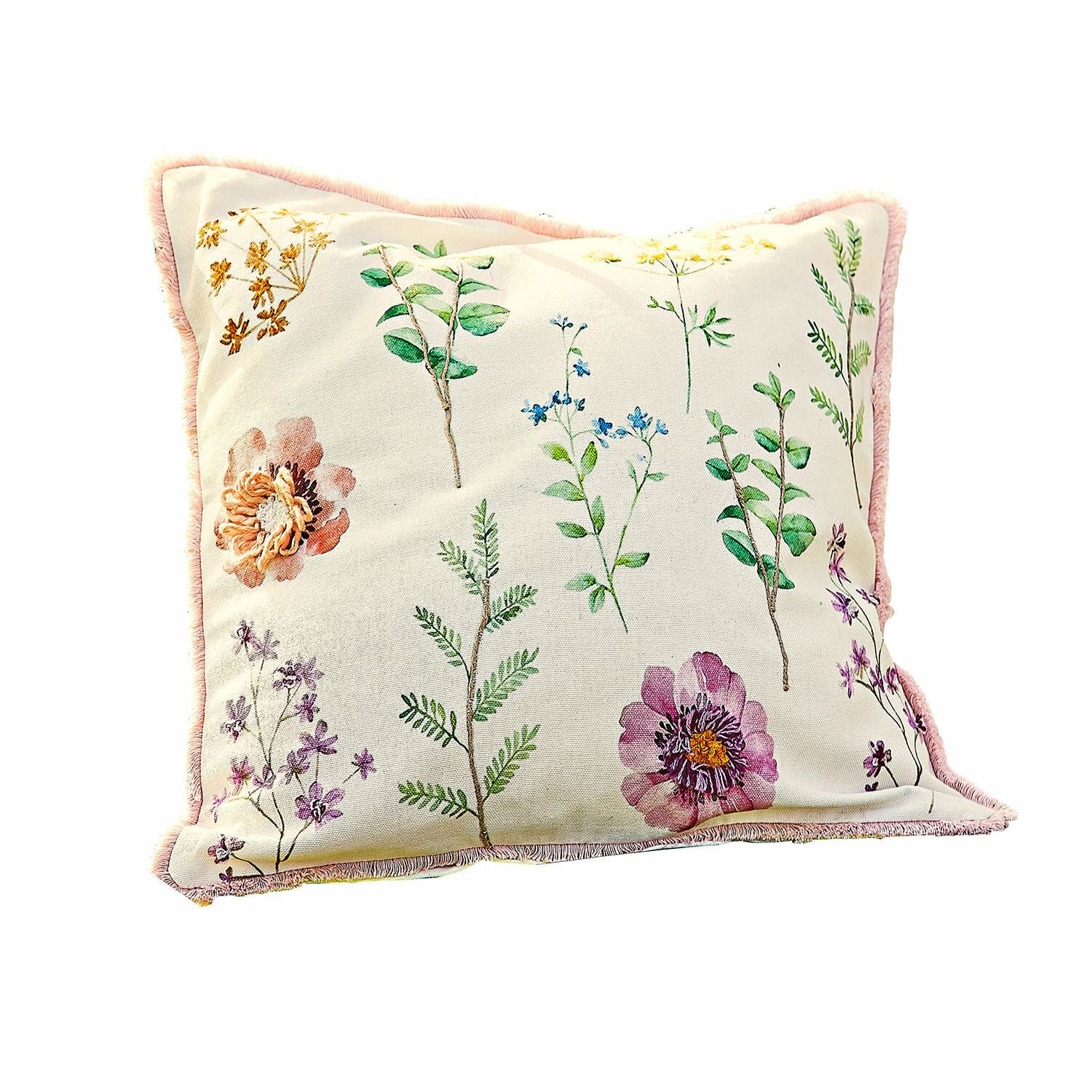 Kussenhoes Fahzoura Decoratief katoenen kussen in crème met bloemenprint en roze rand voor woonkamer