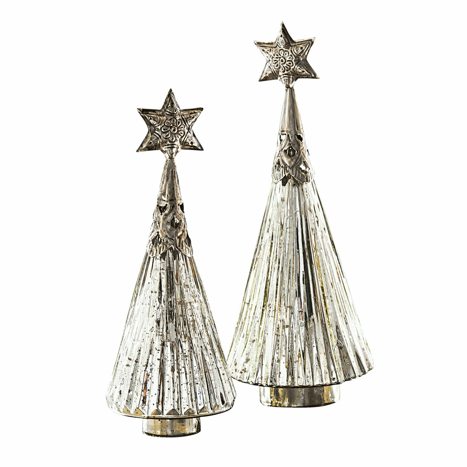 Sierkerstboom set van 2 Lillemor Set van twee zilverkleurige metalen kerstboomdecoraties met sterren bovenop