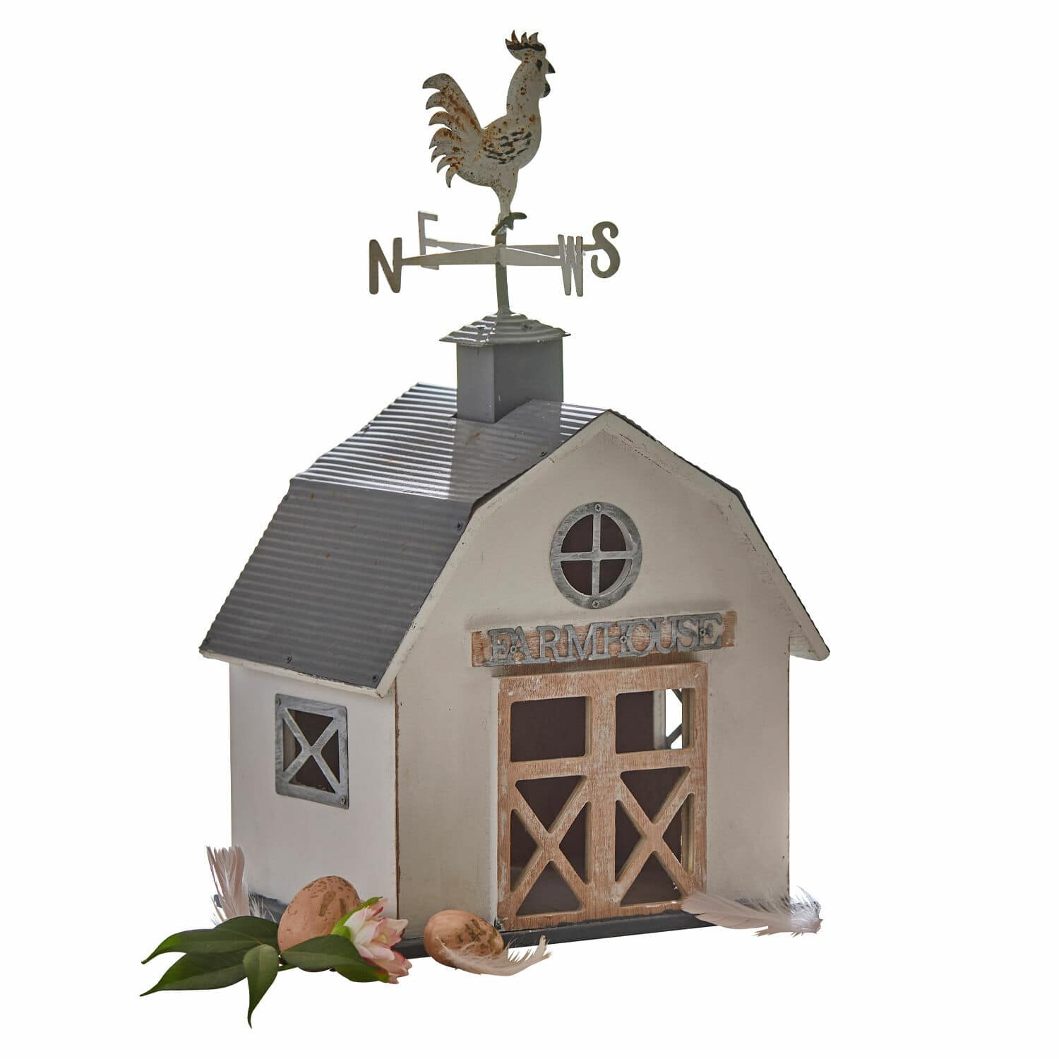 Decoratief huisje Beaujeau Decoratief metalen boerderijtje met haan op het dak, grijs en wit, woondecoratie