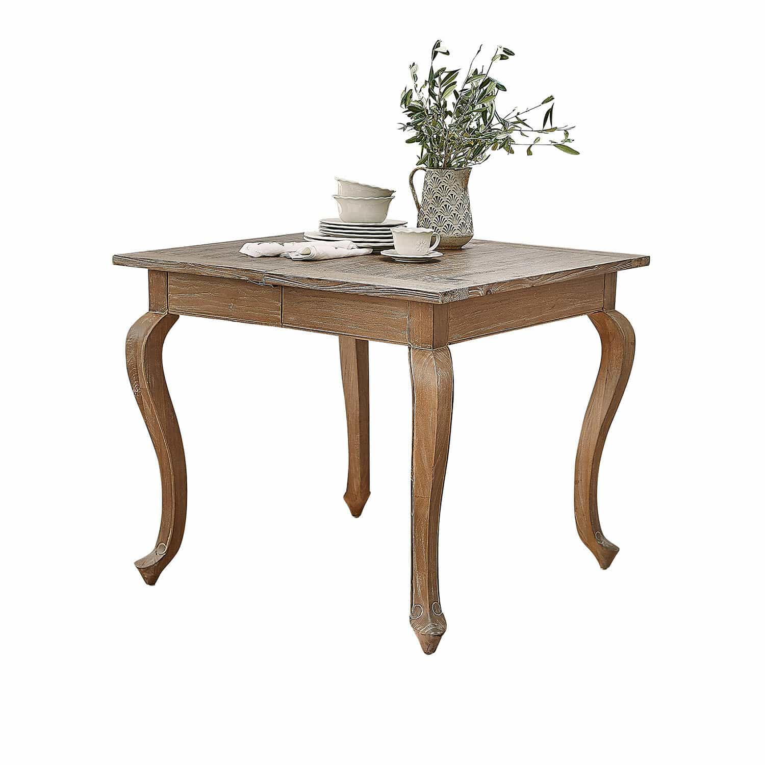 Table Plaish Table carrée en bois avec pieds sculptés et vaisselle en céramique couleur naturelle
