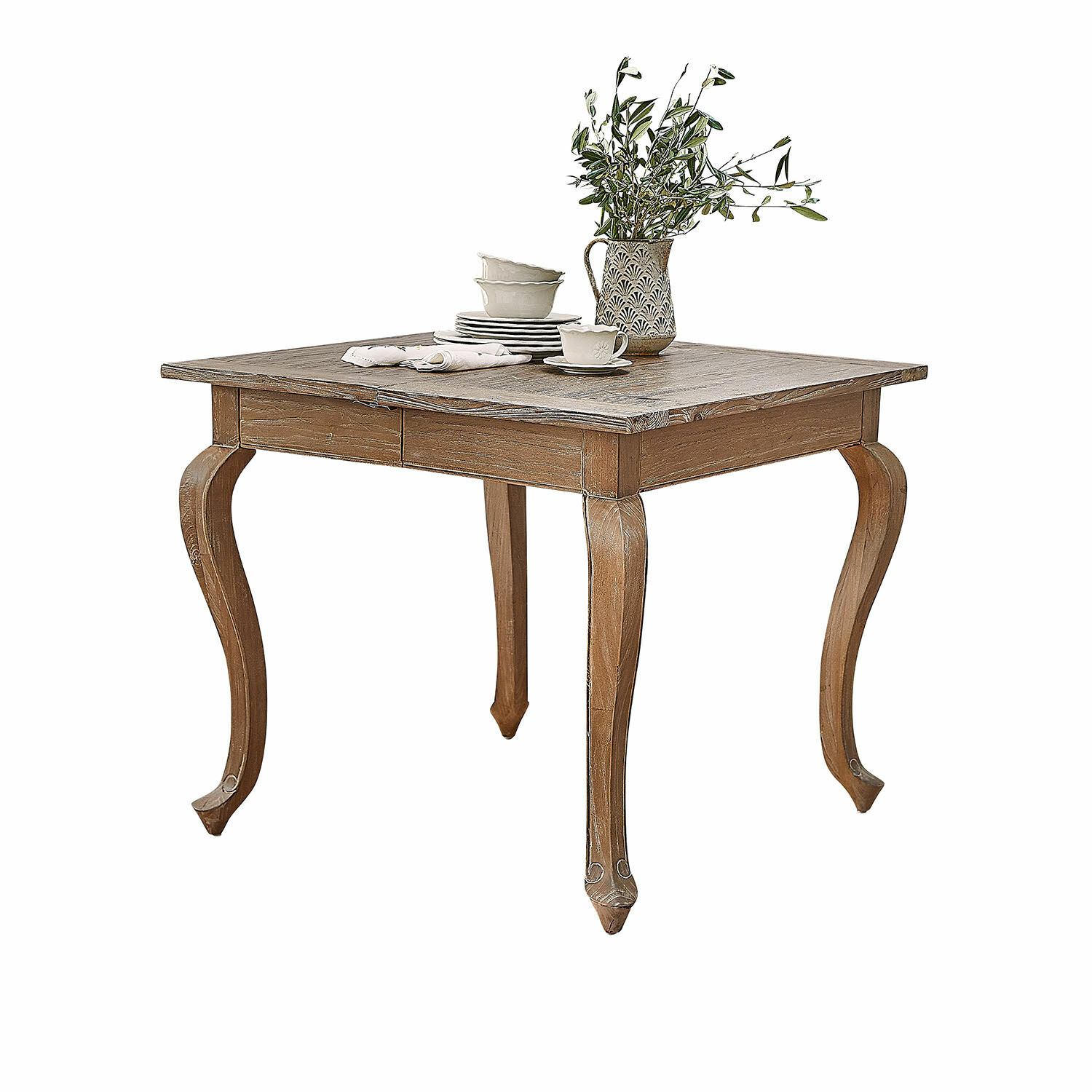 Tafel Plaish Vierkante houten tafel met sierlijke poten en keramisch servies in natuurlijke kleur