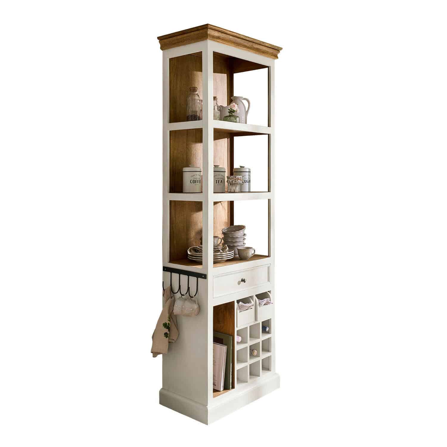 Open kast Kenwick Hoge houten keukenkast in wit en naturel met open planken en wijnopslag