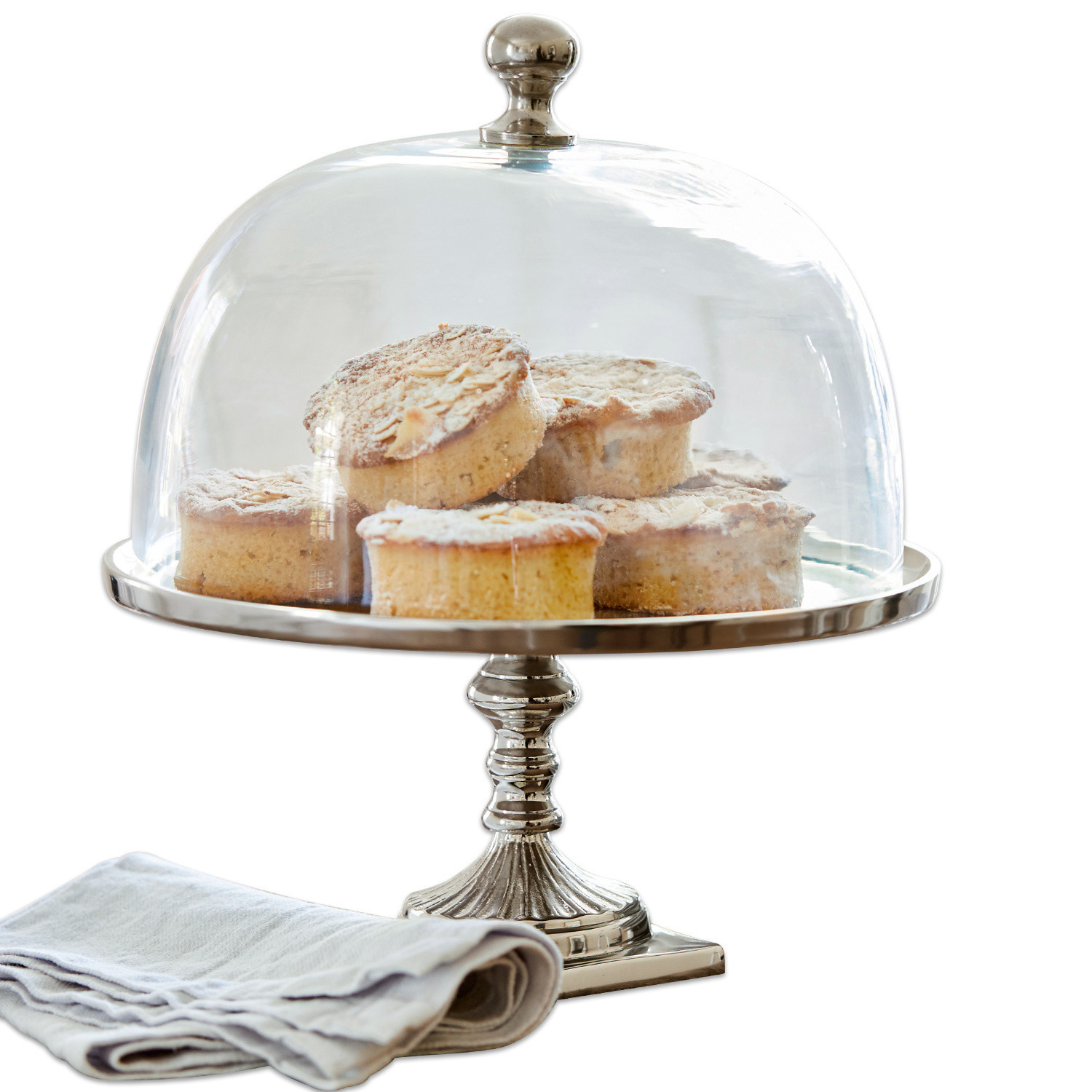 Cloche en verre avec plateau Mine Présentoir à gâteaux argenté avec cloche transparente, contenant des petits gâteaux et une serviette en lin