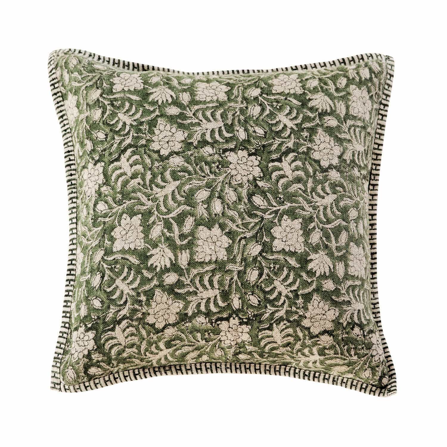 Housse de coussin Petitmagny Coussin décoratif vert en coton avec motif floral et bordure décorative pour salon
