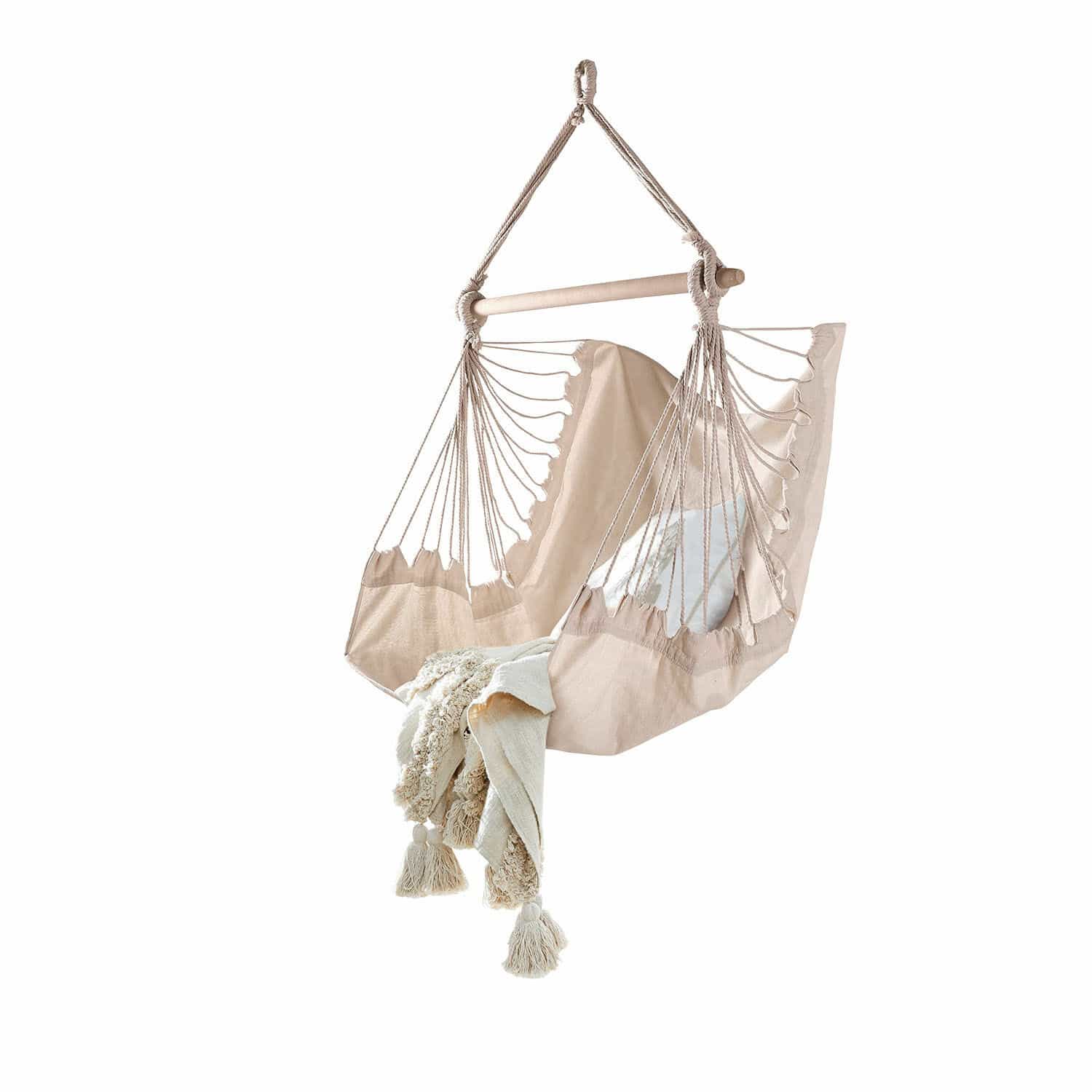 Fauteuil suspendu Leano Fauteuil hamac beige en coton avec barre en bois et couverture décorative pour détente intérieure