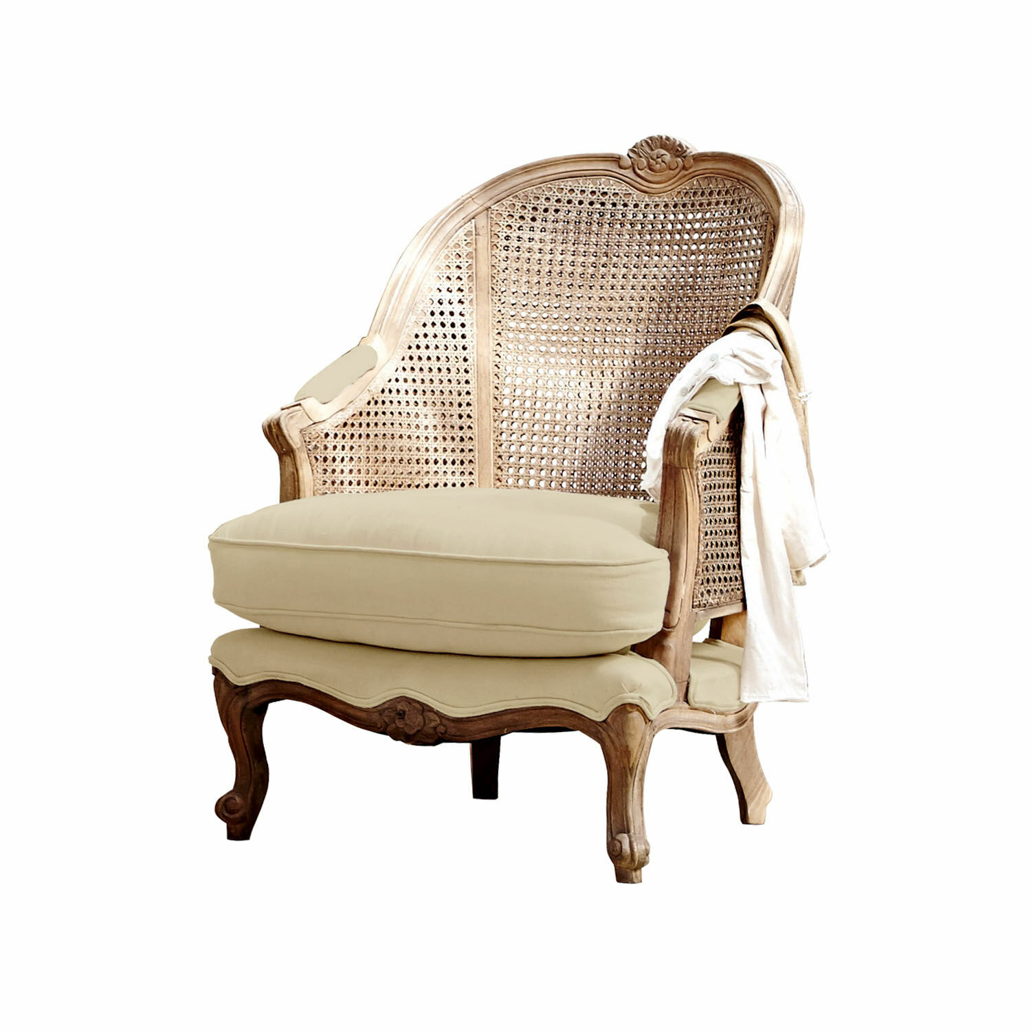 Fauteuil Drambon Klassieke houten fauteuil met beige kussen, natuurlijke kleur, vintage stijl voor woonkamer