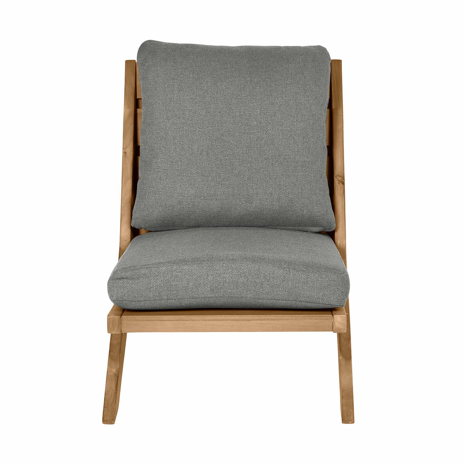 Fauteuil en bois avec coussins gris en tissu, meuble moderne pour salon confortable