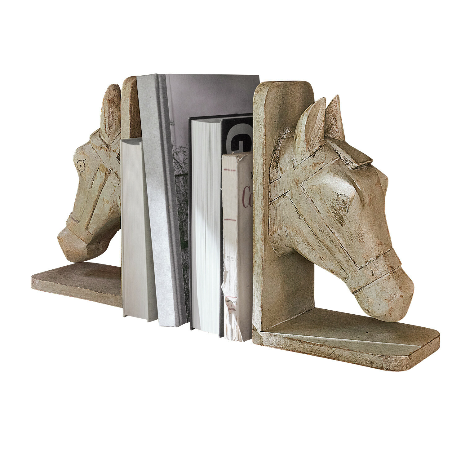 Boekensteun set van 2 Caravena Set beige houten boekensteunen met paardenhoofden, decoratief en functioneel voor boekenplanken