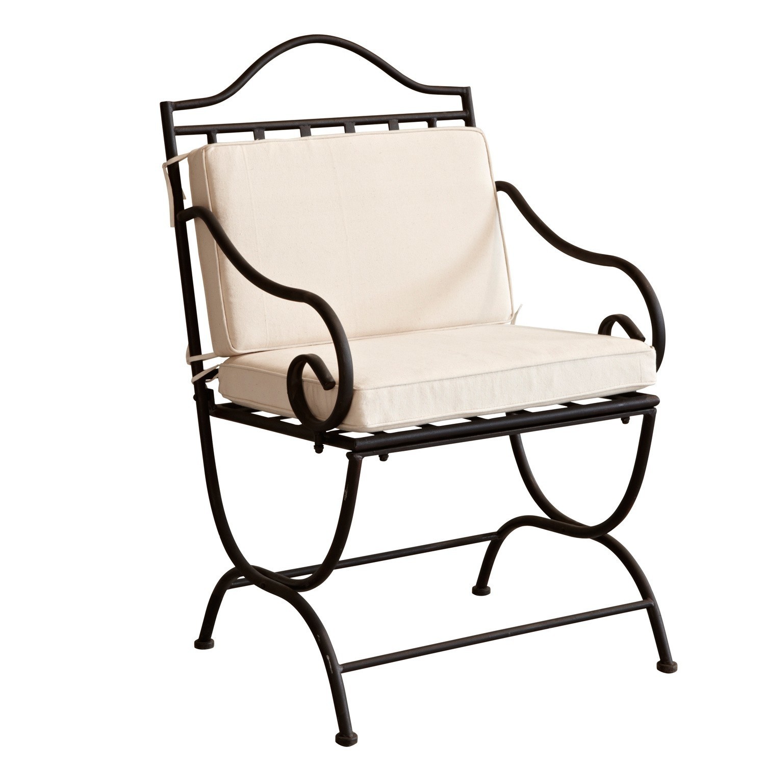 Chaise Avanton Fauteuil en métal noir avec coussins crème, siège confortable pour salon ou jardin