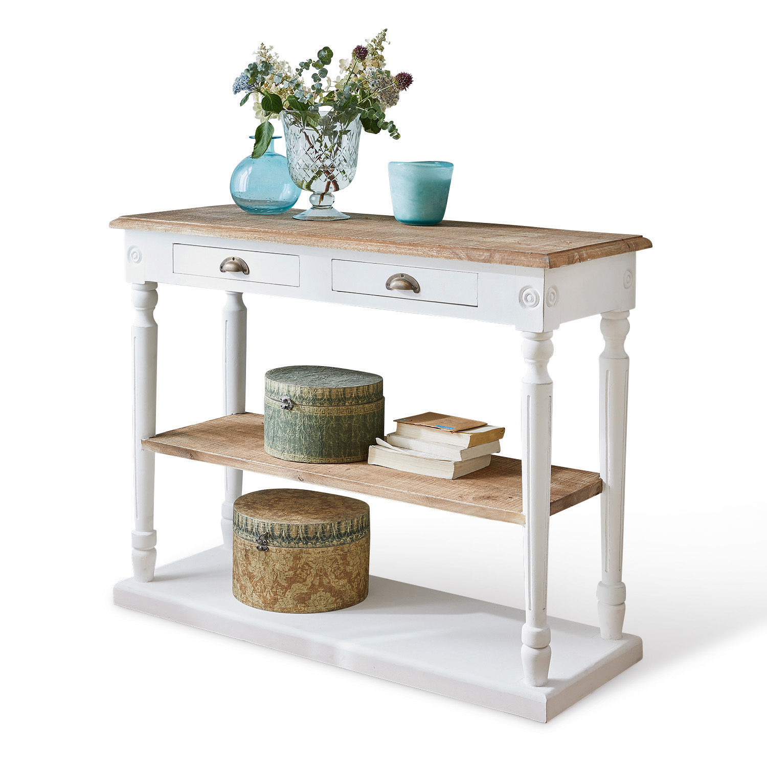 Console Helsinquia Console blanche avec plateau en bois, deux tiroirs et étagères, style décoratif vintage