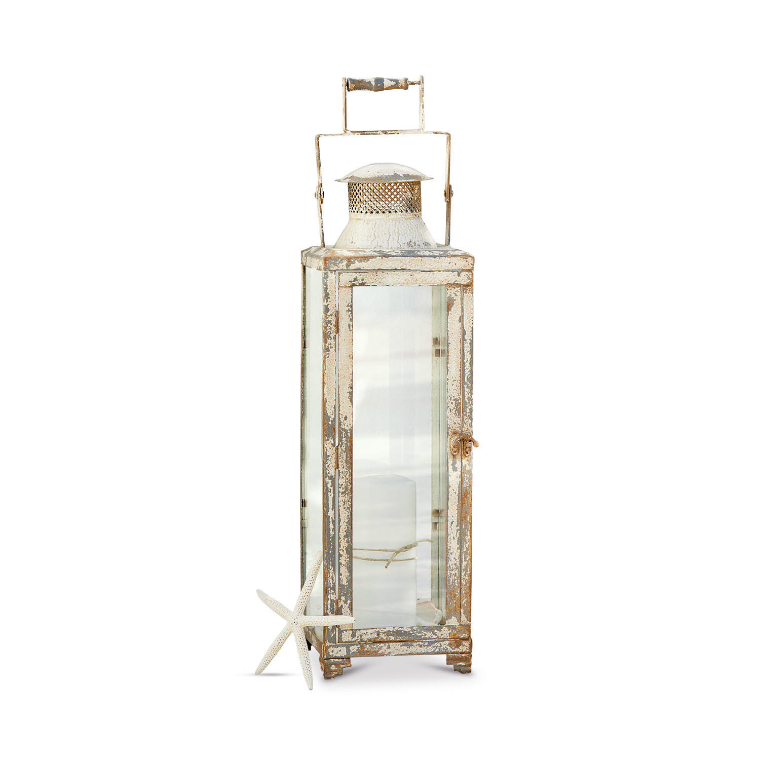 Lantaarn Isodore Witte metalen lantaarn in vintage stijl met verouderd effect en glazen panelen voor decoratie