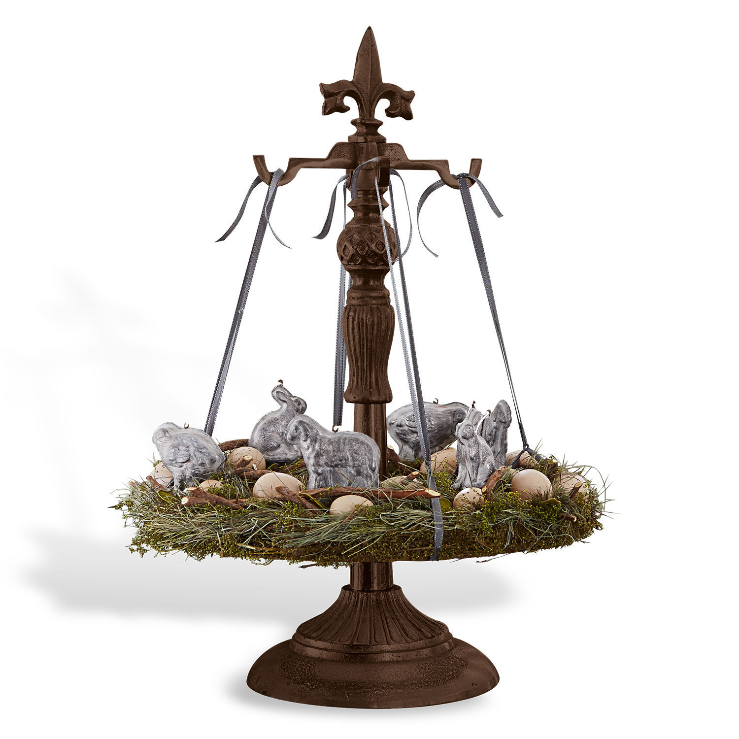 Kranshouder Antwan Decoratieve bruine metalen standaard met hangende groene paasdecoratie met konijnen en eieren