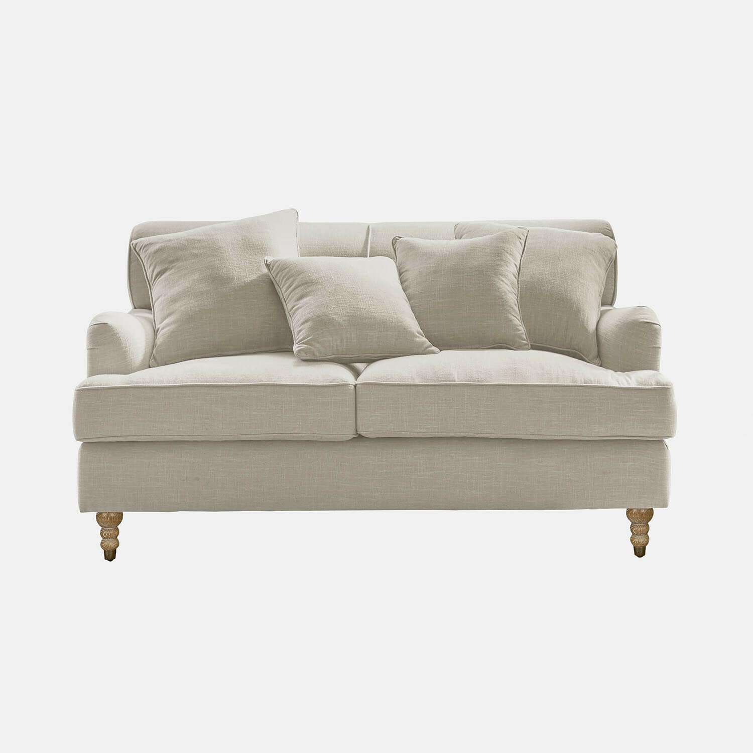 Bank Isa Beige stoffen bank met kussens en houten poten, comfortabele woonkamermeubel