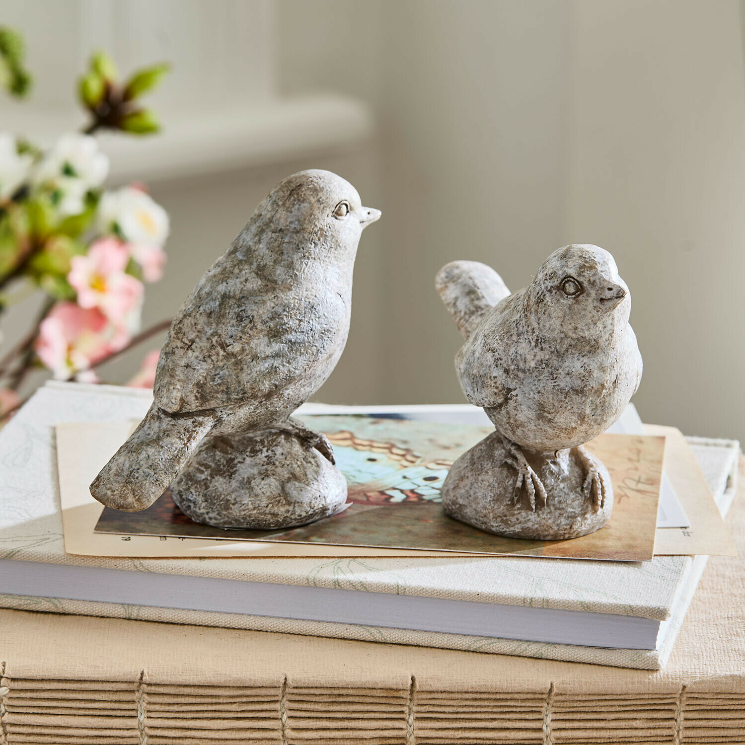 Decoratieve vogel set van 2 Corviano Twee grijze stenen vogelbeeldjes op boeken, stijlvolle woondecoratie