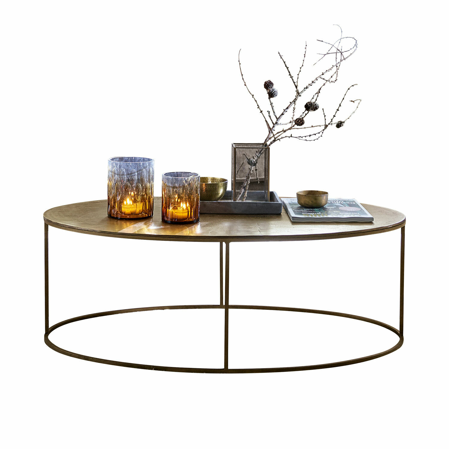 Salontafel Leron Ronde salontafel met metalen frame en houten blad in natuurlijke kleur met decoraties
