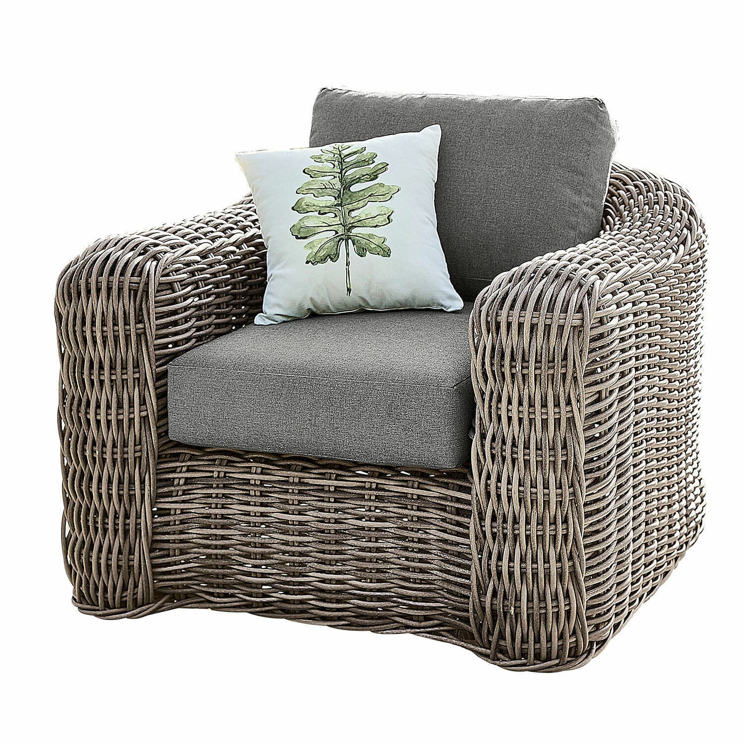 Leunstoel Upminster Grijze gevlochten rotan fauteuil met sierkussen met bladmotief, comfortabele tuinmeubel