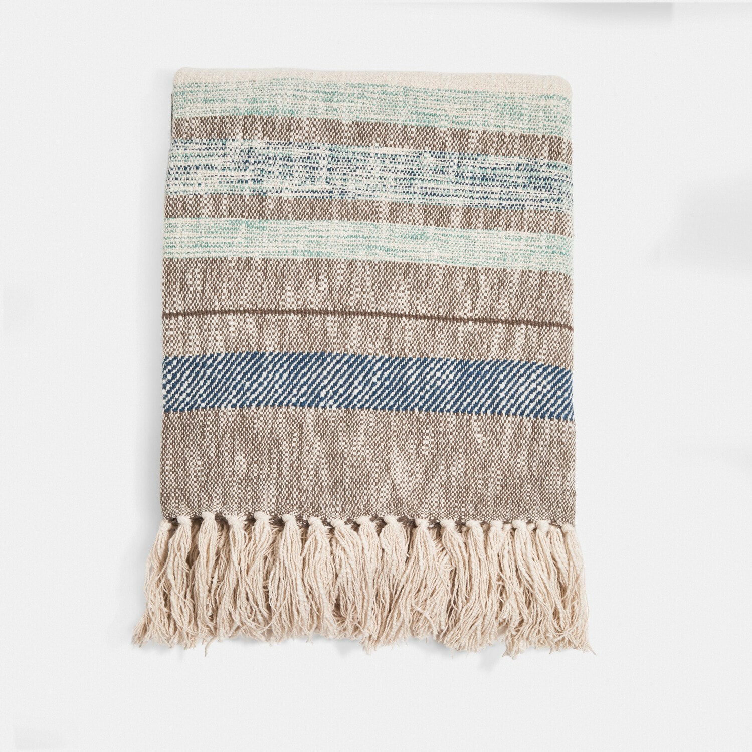 Plaid Maresas Plaid en coton rayé beige, bleu et vert avec franges, doux et décoratif pour salon ou chambre