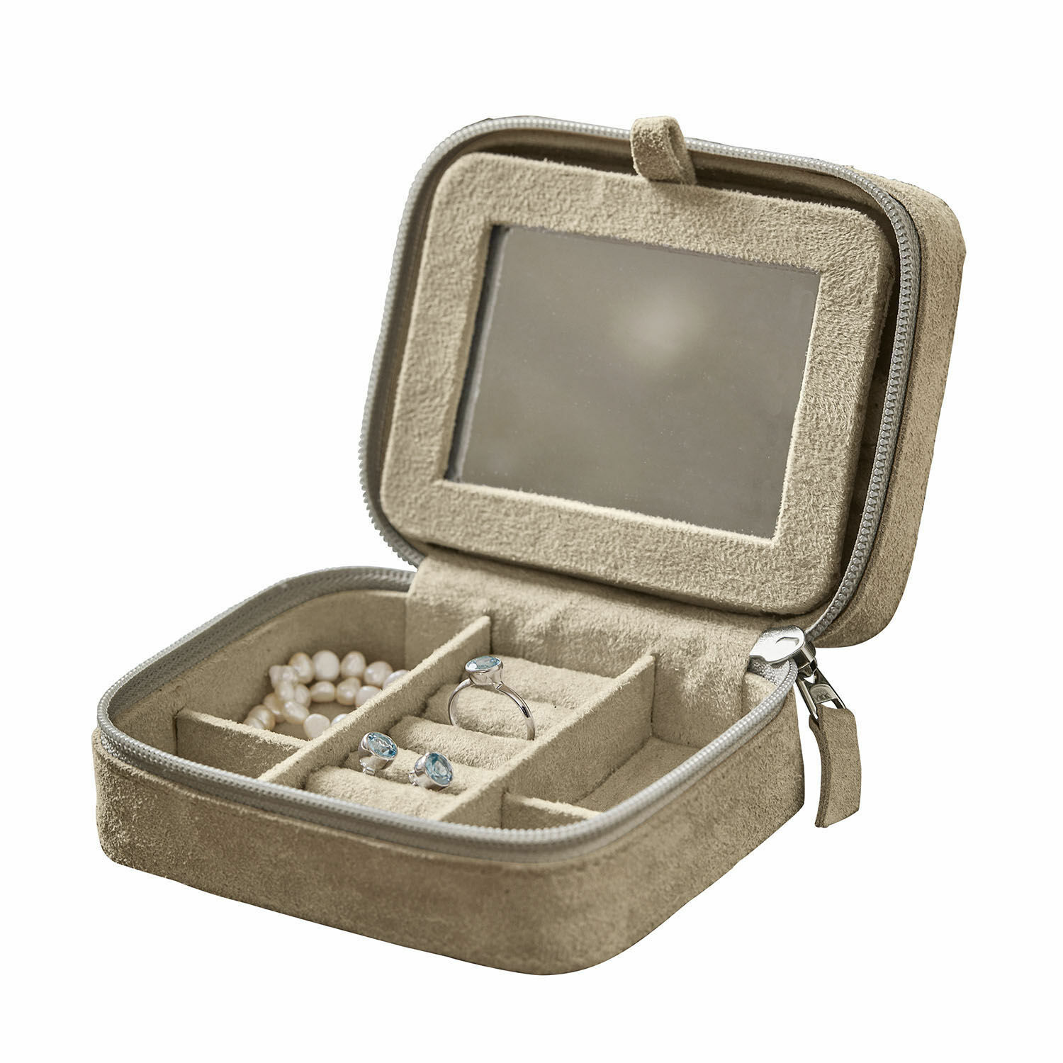 Sieradenkistje Angelique Beige suède sieradendoosje met spiegel en vakjes voor ringen en armbanden