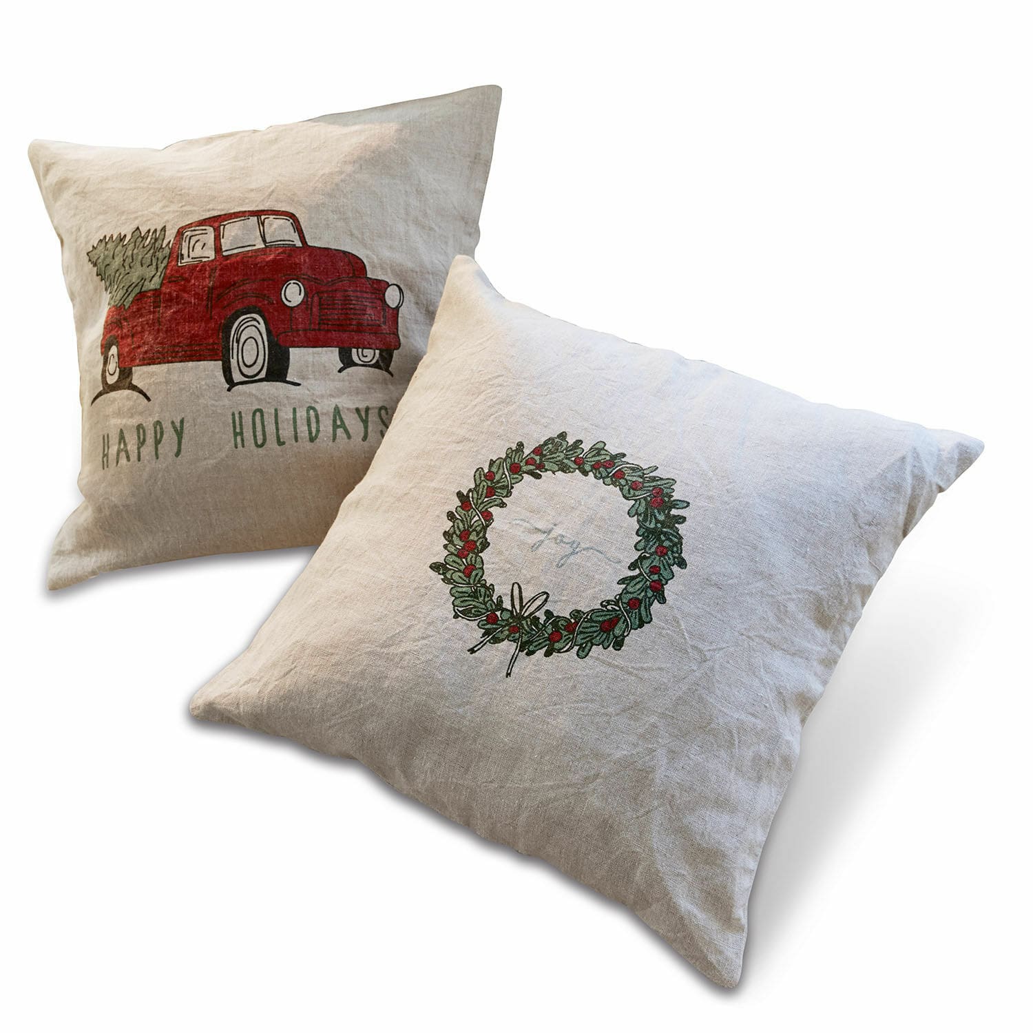 Lot de 2 housses de coussins Camon Coussins en lin avec motifs de Noël, camion rouge et couronne verte, décoration festive