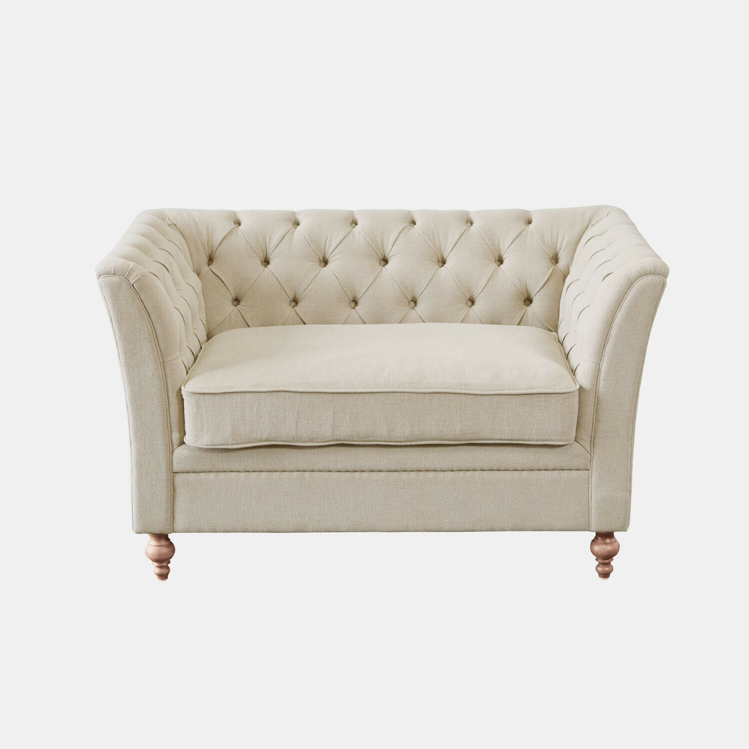 Canapé beige en tissu avec dossier capitonné et pieds en bois, meuble élégant pour salon