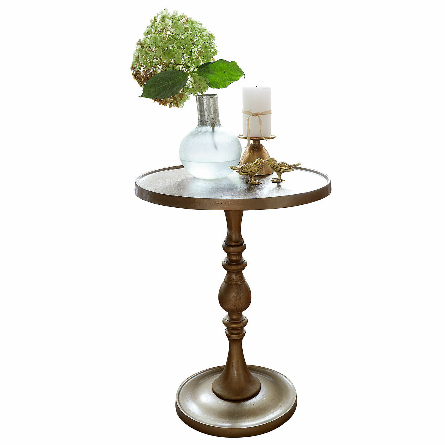 Bijzettafel Uralive Ronde bijzettafel van metaal in messingkleur met kaarsdecoratie en glazen vaas met bloem