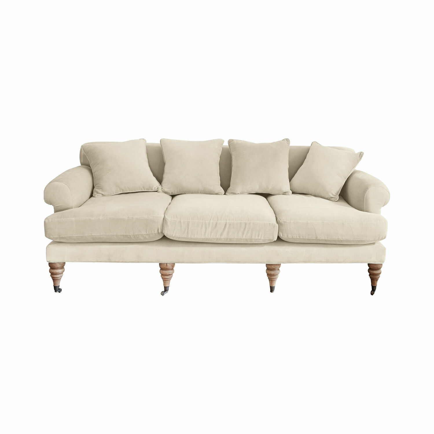 beige Beige Kazimir bank van zachte stof met kussens en houten poten, comfortabele woonkamermeubel