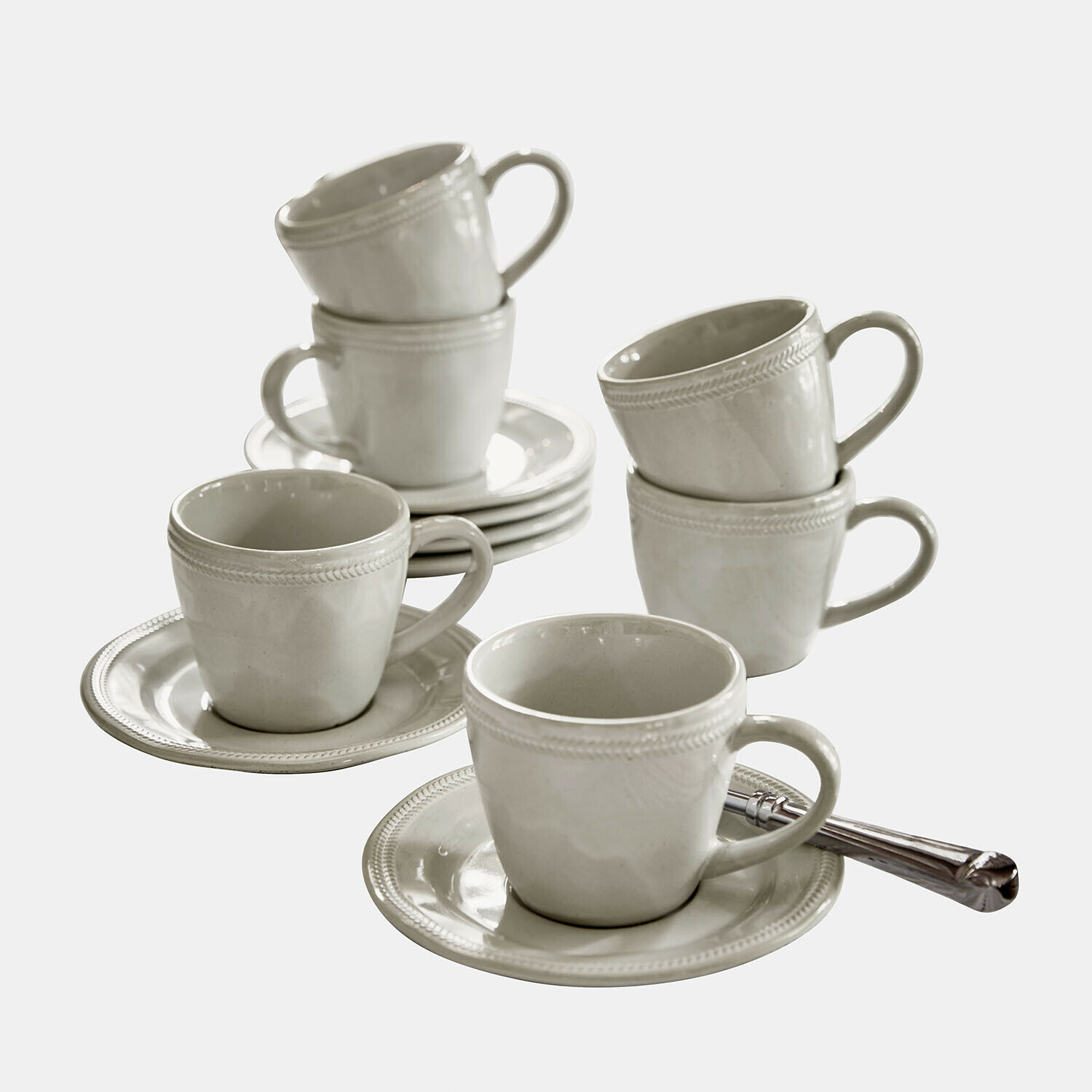 lichtgrijs Set van 6 lichtgrijze keramische Norrvik kopjes met schotels voor koffie en thee