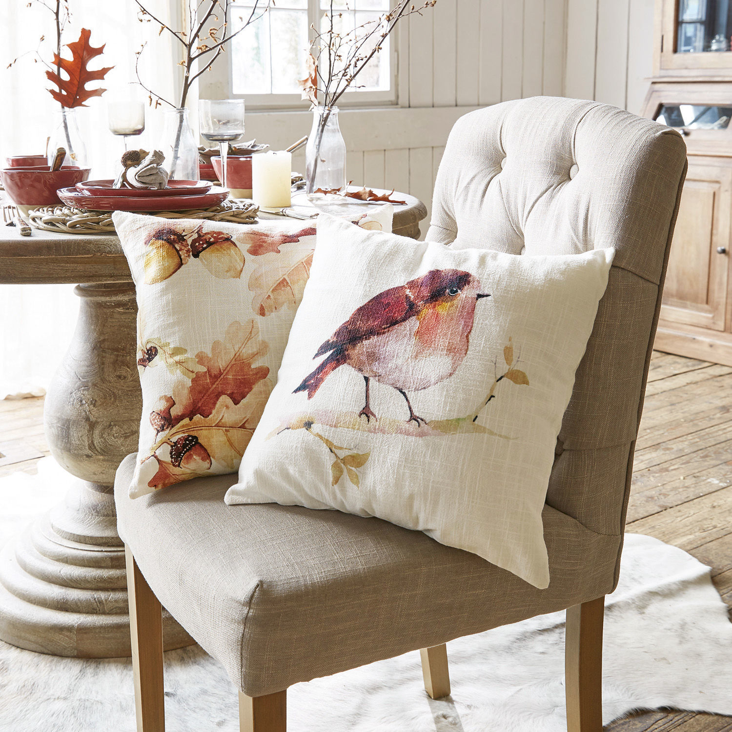 Lot de 2 housses de coussins Lovece Coussins décoratifs en coton crème avec imprimé d'oiseau et feuilles, style rustique chaleureux
