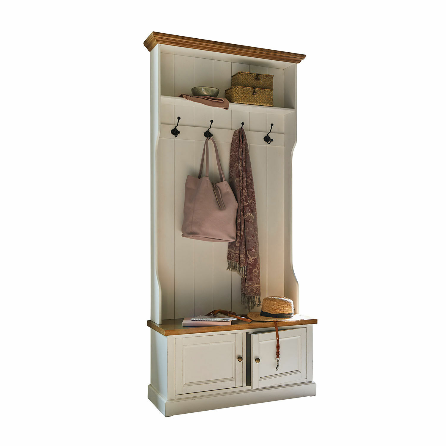 Garderobekast Colchester Witte houten kast met haken en plank, blad van natuurlijk hout, praktische halmeubel