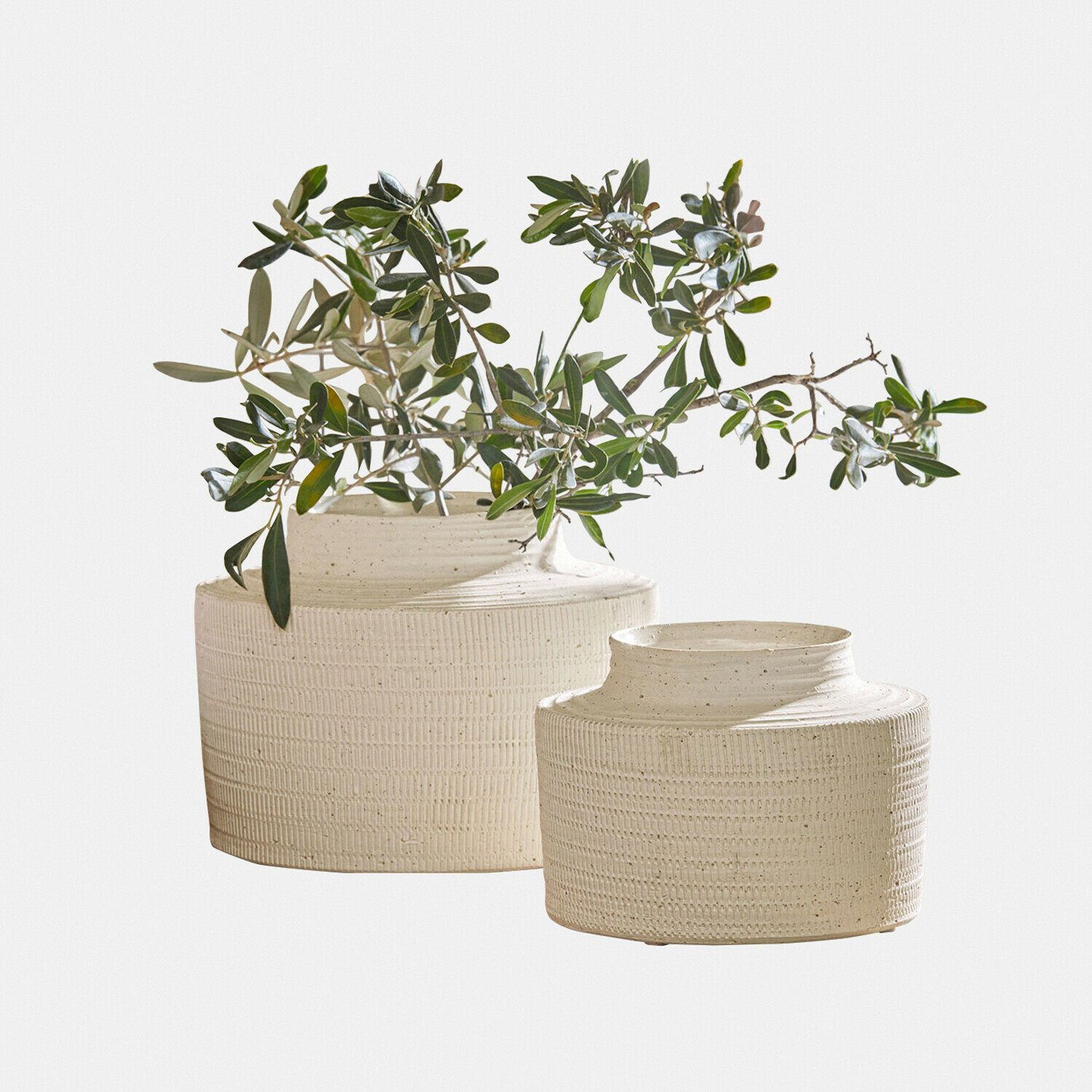 Lot de 2 vases Délavrie Ensemble de deux vases en céramique crème texturée avec branches vertes, décoration intérieure élégante