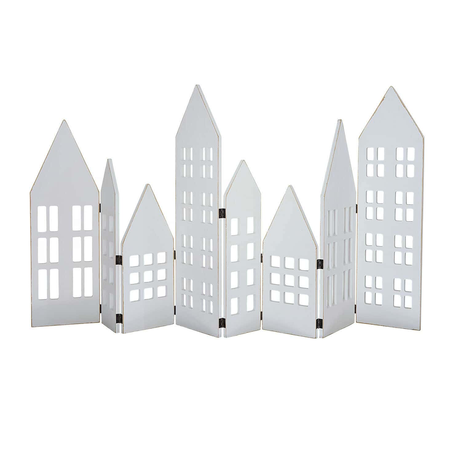 Decoratieve shutter Cottages Witte houten kamerscherm in huisvorm met uitgesneden ramen, decoratie voor binnen