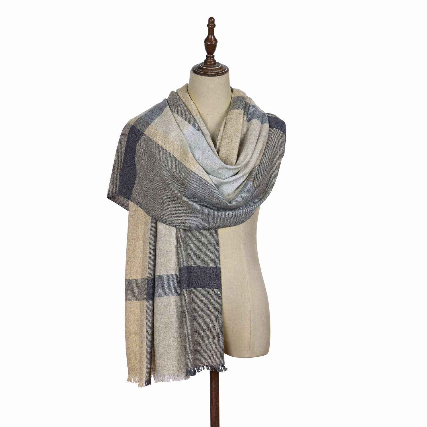 Étole Dénarine Grande écharpe à carreaux beige et gris en tissu doux, parfaite pour les journées fraîches