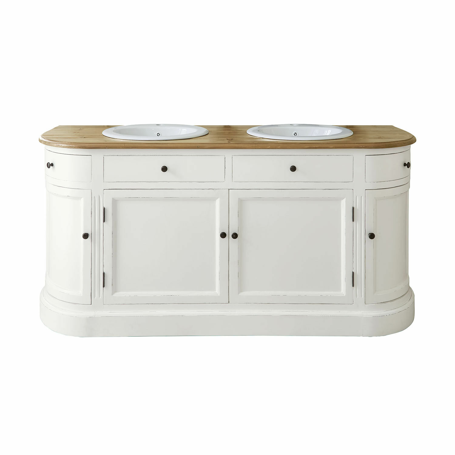 Dubbele wastafel Louisiana Witte badkamerkast met twee witte wastafels en een licht houten blad