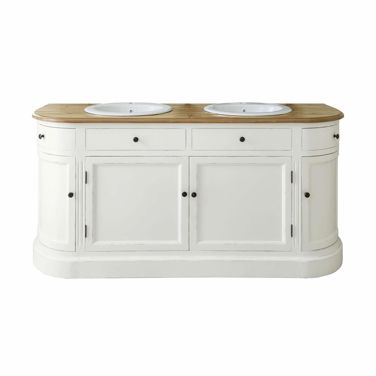 Dubbele wastafel Louisiana Witte badkamerkast met twee witte wastafels en een licht houten blad