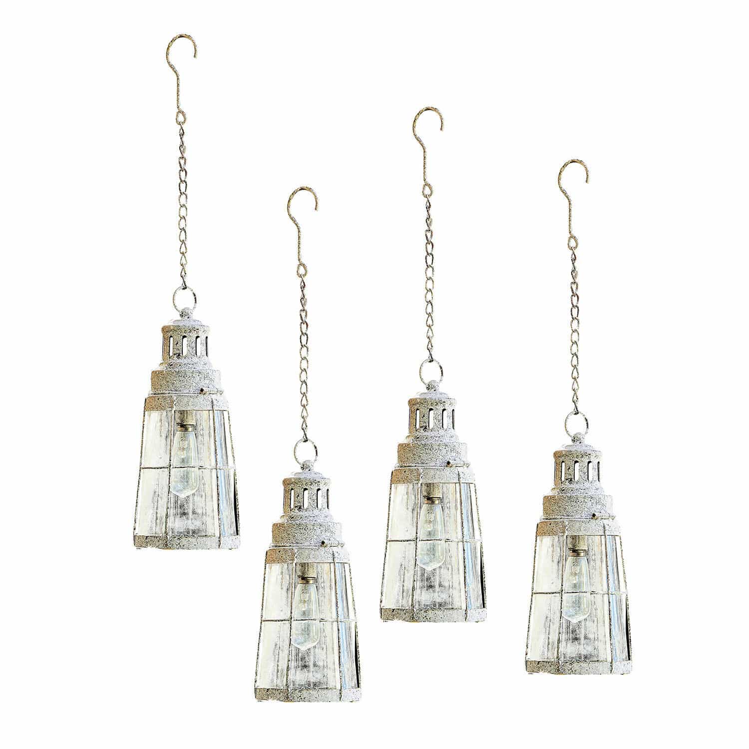 Ensemble de 4 lanternes LED blanc antique en métal et verre pour décoration intérieure et extérieure