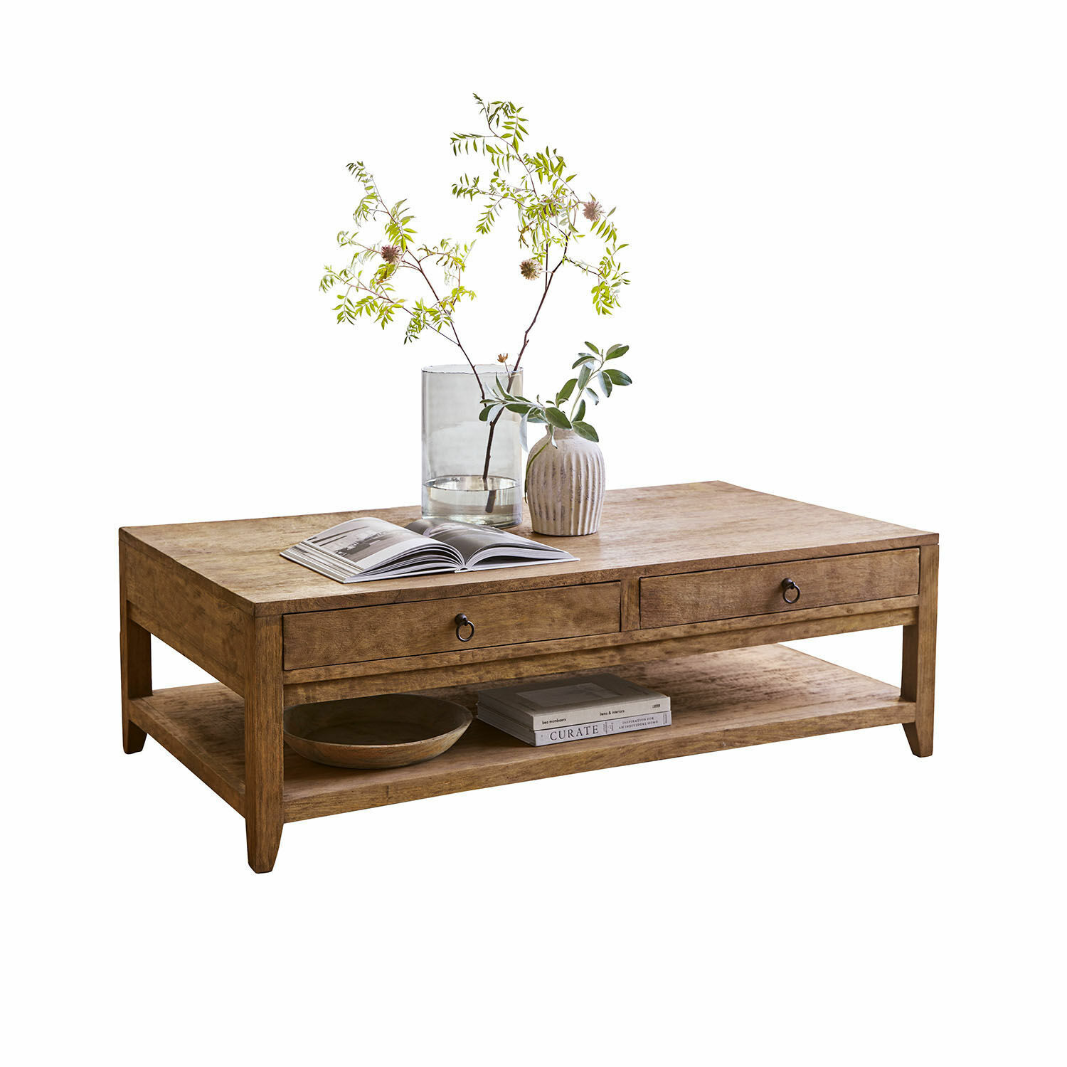 Salontafel Rasmus Salontafel van mangohout in natuurlijke kleur met twee lades en plank voor boeken