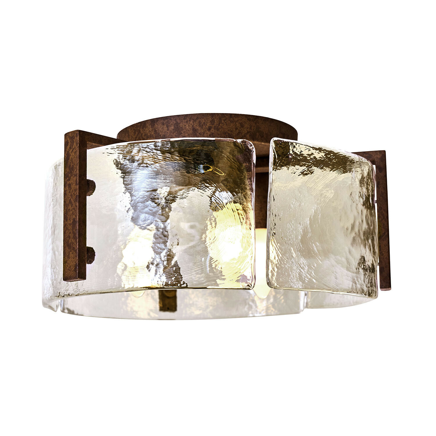 Plafondlamp van messing en glas met rustieke uitstraling, decoratieve verlichting voor woonkamer of gang