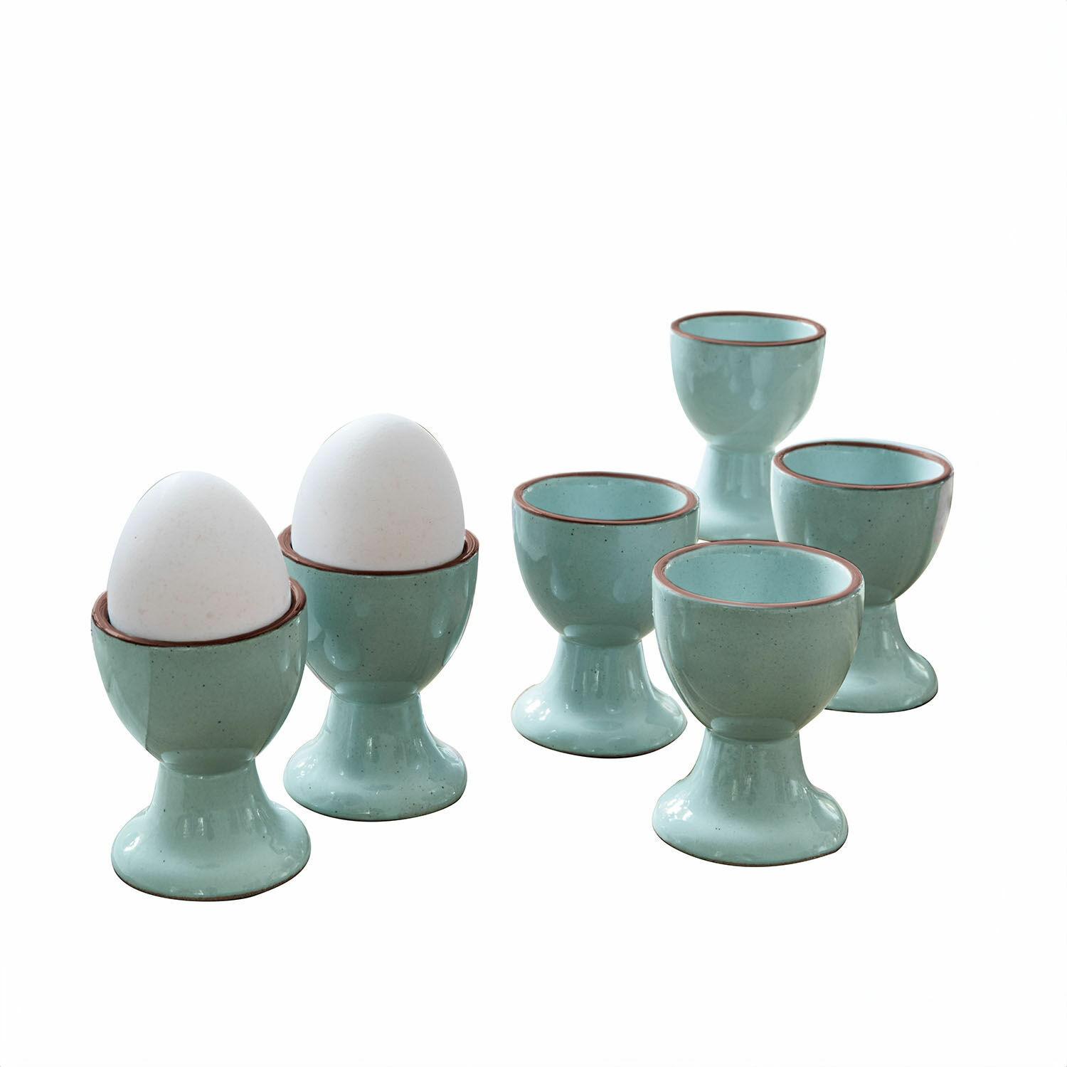 Set van 6 turquoise keramische eierdopjes met bruine rand voor ontbijt